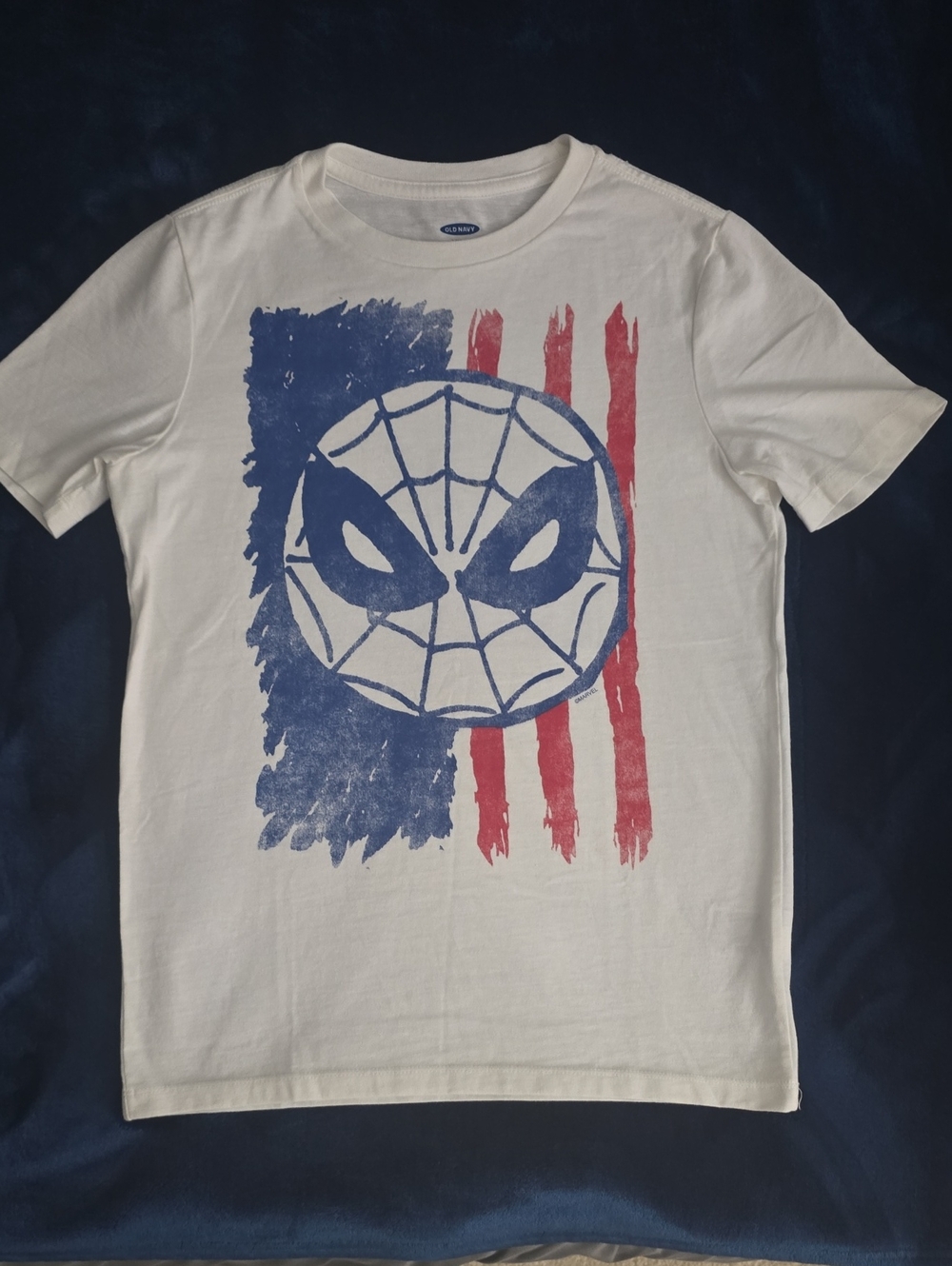 Kids White Spider Graphic Tee with Red & Blue Flag Print